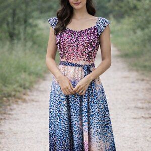 Julia Jordan Dress Womens 6 Rainbow Artsy Button Down Tie Waist Ruffle